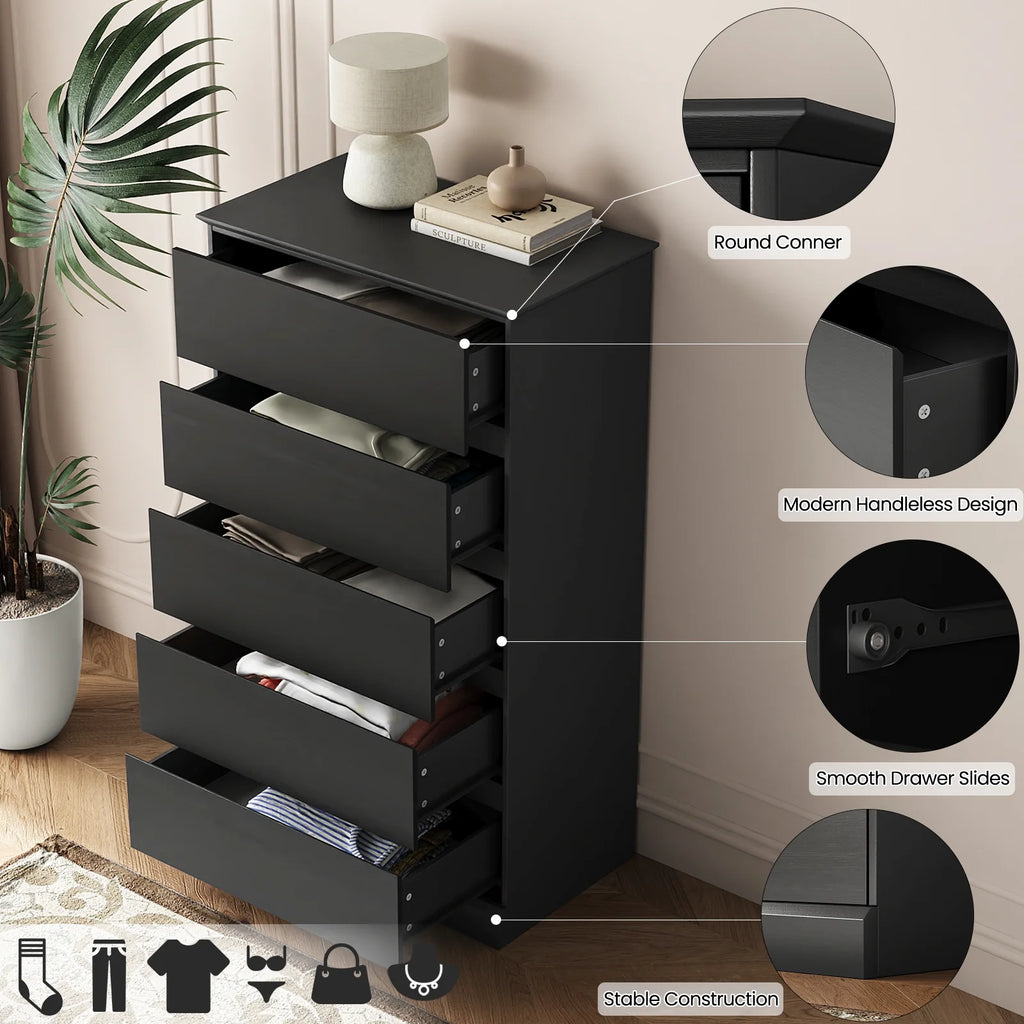 Black Dresser Bedroom Dresser, Tall Wood 5 Drawer Dresser & Chest of Drawers for Closet, Living Room Hallway Kids Bedroom