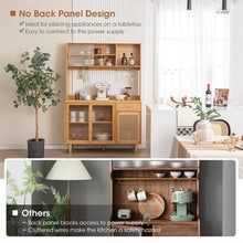 Load image into Gallery viewer, 69" Tall Bamboo Kitchen Pantry Hutch Cabinet, Freestanding Buffet Sideboard with Rattan Door, Wine Storage &amp; Microwave Countertop for Coffee Bar