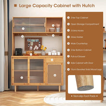 Load image into Gallery viewer, 69" Tall Bamboo Kitchen Pantry Hutch Cabinet, Freestanding Buffet Sideboard with Rattan Door, Wine Storage &amp; Microwave Countertop for Coffee Bar
