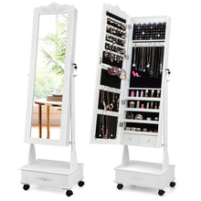 Load image into Gallery viewer, Standing Jewelry Armoire with Full-Length Mirror, Drawers, Lights &amp; Wheels, Lockable Mirror Jewelry Cabinet Storage Organizer
