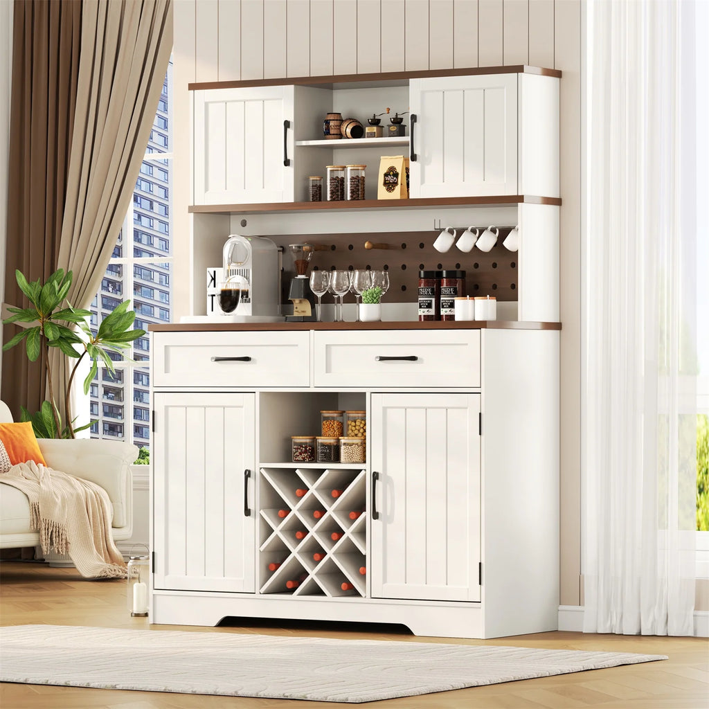 LAFGUR 72" Kitchen Storage Cabinet with Power Outlet & LED Light, Coffee Bar Cabinet with Drawers & Wine Glass Rack, Sideboard for Home, White