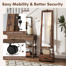 Load image into Gallery viewer, Standing Jewelry Armoire with Full-Length Mirror, Drawers, Lights &amp; Wheels, Lockable Mirror Jewelry Cabinet Storage Organizer