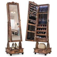 Load image into Gallery viewer, Standing Jewelry Armoire with Full-Length Mirror, Drawers, Lights &amp; Wheels, Lockable Mirror Jewelry Cabinet Storage Organizer