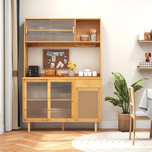 Load image into Gallery viewer, 69" Tall Bamboo Kitchen Pantry Hutch Cabinet, Freestanding Buffet Sideboard with Rattan Door, Wine Storage &amp; Microwave Countertop for Coffee Bar