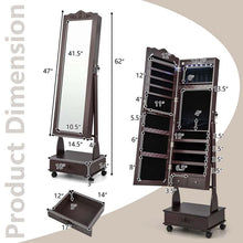 Load image into Gallery viewer, Standing Jewelry Armoire with Full-Length Mirror, Drawers, Lights &amp; Wheels, Lockable Mirror Jewelry Cabinet Storage Organizer