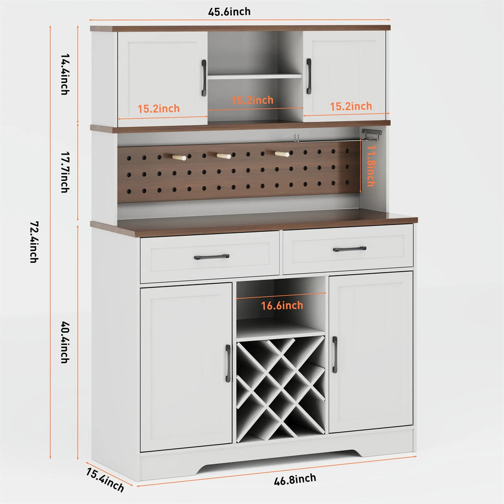 LAFGUR 72" Kitchen Storage Cabinet with Power Outlet & LED Light, Coffee Bar Cabinet with Drawers & Wine Glass Rack, Sideboard for Home, White