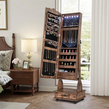 Load image into Gallery viewer, Standing Jewelry Armoire with Full-Length Mirror, Drawers, Lights &amp; Wheels, Lockable Mirror Jewelry Cabinet Storage Organizer