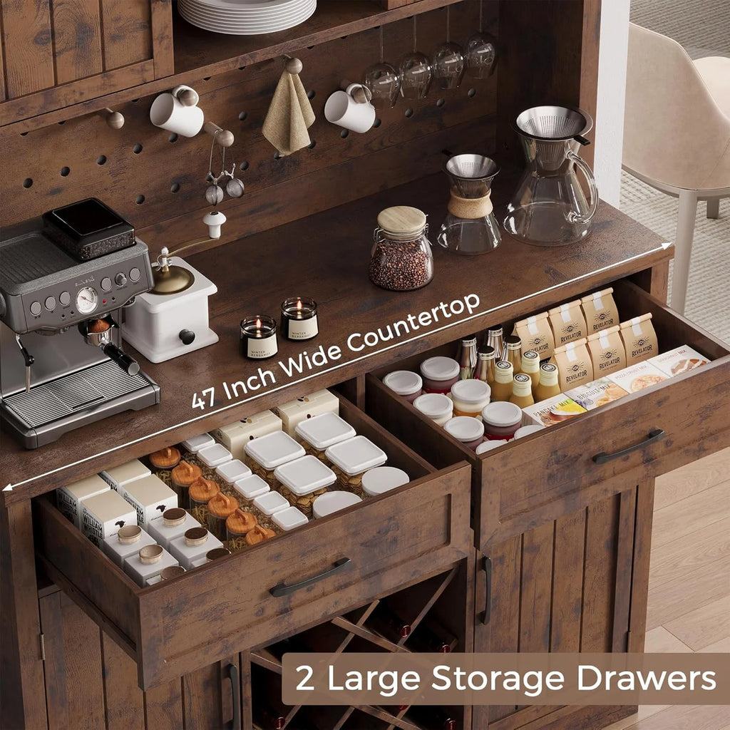 LAFGUR 72" Kitchen Storage Cabinet with Power Outlet & LED Light, Coffee Bar Cabinet with Drawers & Wine Glass Rack, Sideboard for Home, White
