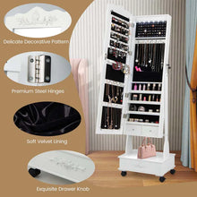 Load image into Gallery viewer, Standing Jewelry Armoire with Full-Length Mirror, Drawers, Lights &amp; Wheels, Lockable Mirror Jewelry Cabinet Storage Organizer
