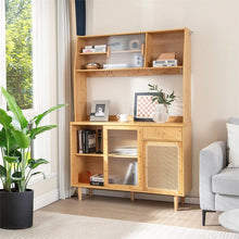 Load image into Gallery viewer, 69" Tall Bamboo Kitchen Pantry Hutch Cabinet, Freestanding Buffet Sideboard with Rattan Door, Wine Storage &amp; Microwave Countertop for Coffee Bar