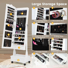 Load image into Gallery viewer, Standing Jewelry Armoire with Full-Length Mirror, Drawers, Lights &amp; Wheels, Lockable Mirror Jewelry Cabinet Storage Organizer