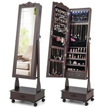 Load image into Gallery viewer, Standing Jewelry Armoire with Full-Length Mirror, Drawers, Lights &amp; Wheels, Lockable Mirror Jewelry Cabinet Storage Organizer