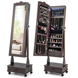 Standing Jewelry Armoire with Full-Length Mirror, Drawers, Lights & Wheels, Lockable Mirror Jewelry Cabinet Storage Organizer