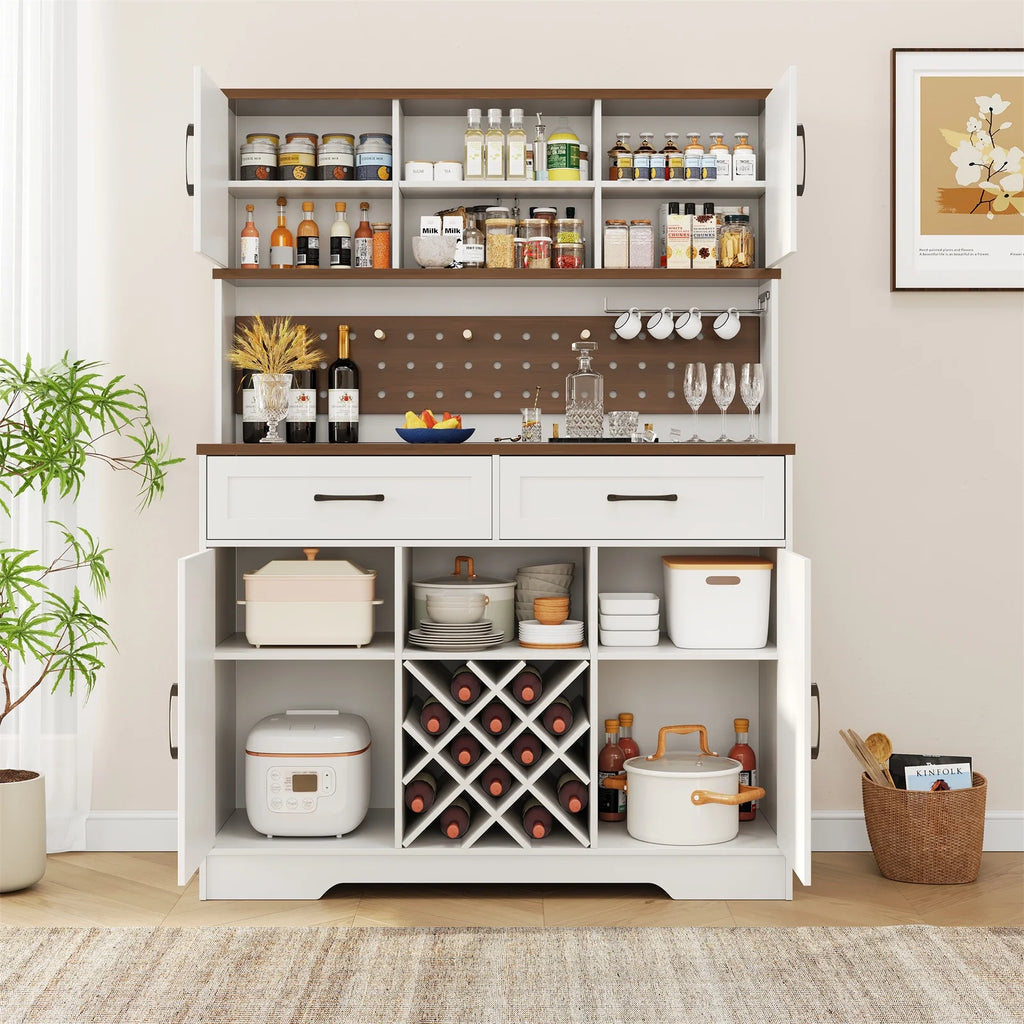LAFGUR 72" Kitchen Storage Cabinet with Power Outlet & LED Light, Coffee Bar Cabinet with Drawers & Wine Glass Rack, Sideboard for Home, White
