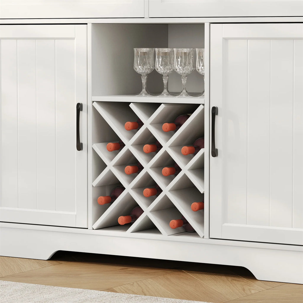 LAFGUR 72" Kitchen Storage Cabinet with Power Outlet & LED Light, Coffee Bar Cabinet with Drawers & Wine Glass Rack, Sideboard for Home, White