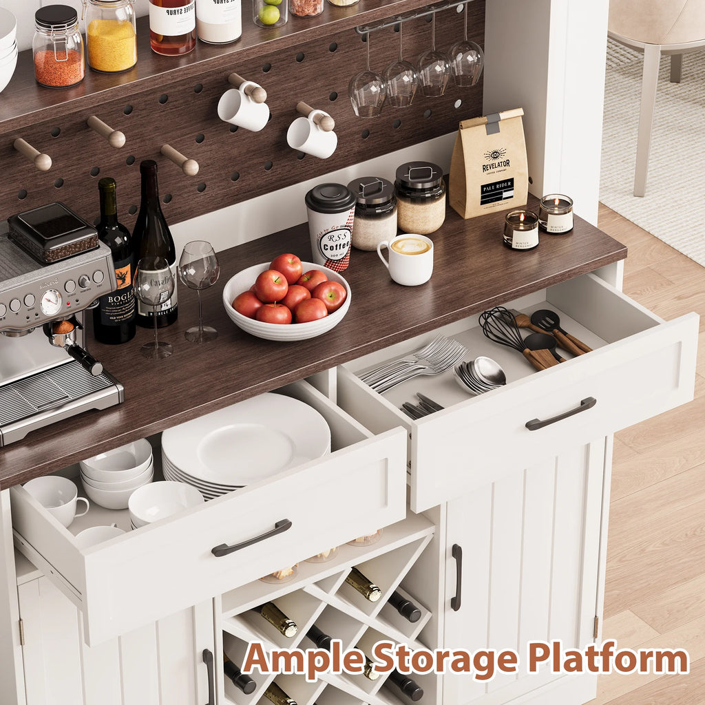 LAFGUR 72" Kitchen Storage Cabinet with Power Outlet & LED Light, Coffee Bar Cabinet with Drawers & Wine Glass Rack, Sideboard for Home, White