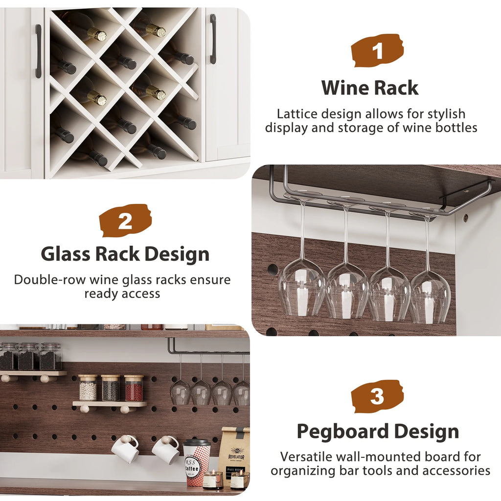 LAFGUR 72" Kitchen Storage Cabinet with Power Outlet & LED Light, Coffee Bar Cabinet with Drawers & Wine Glass Rack, Sideboard for Home, White