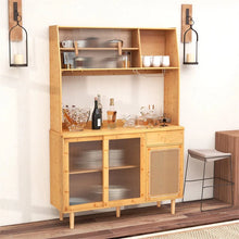 Load image into Gallery viewer, 69" Tall Bamboo Kitchen Pantry Hutch Cabinet, Freestanding Buffet Sideboard with Rattan Door, Wine Storage &amp; Microwave Countertop for Coffee Bar