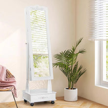 Load image into Gallery viewer, Standing Jewelry Armoire with Full-Length Mirror, Drawers, Lights &amp; Wheels, Lockable Mirror Jewelry Cabinet Storage Organizer