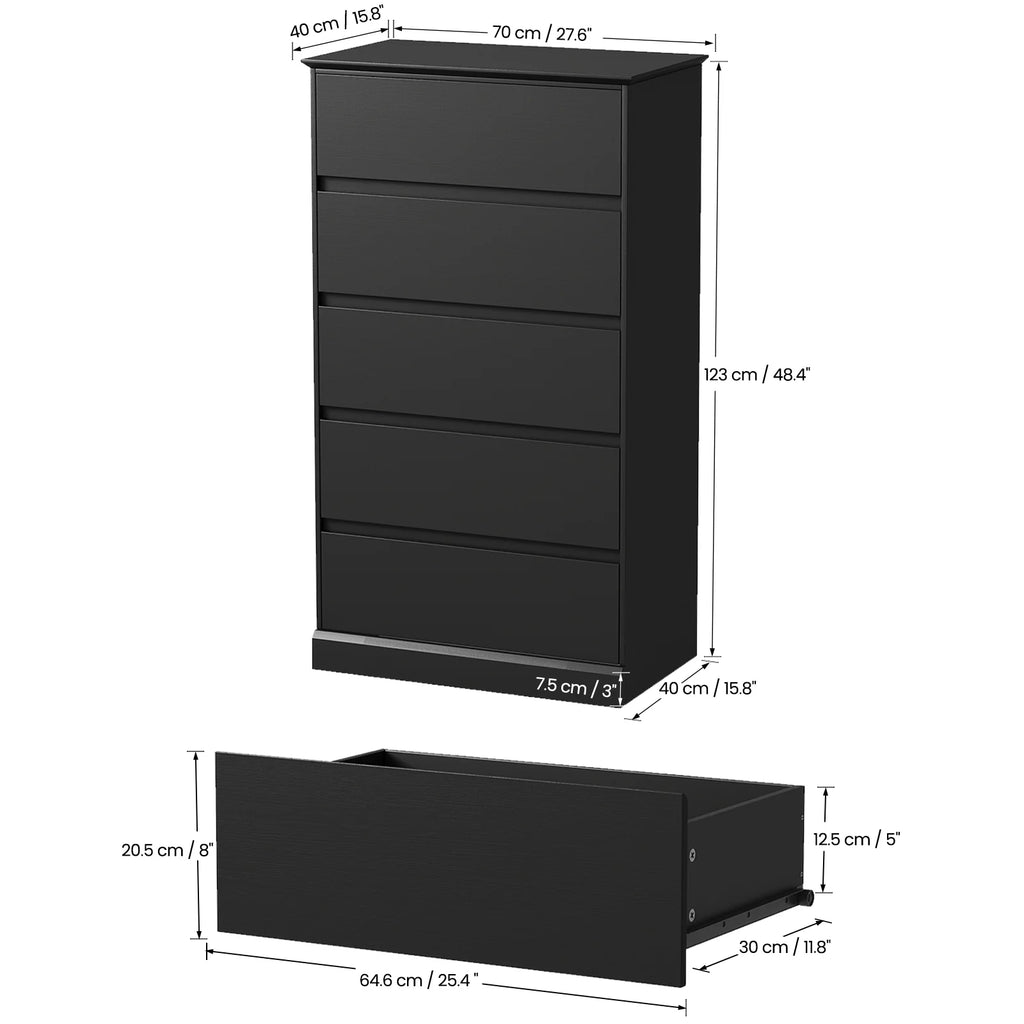 Black Dresser Bedroom Dresser, Tall Wood 5 Drawer Dresser & Chest of Drawers for Closet, Living Room Hallway Kids Bedroom
