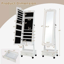Load image into Gallery viewer, Standing Jewelry Armoire with Full-Length Mirror, Drawers, Lights &amp; Wheels, Lockable Mirror Jewelry Cabinet Storage Organizer