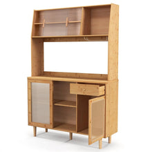 Load image into Gallery viewer, 69" Tall Bamboo Kitchen Pantry Hutch Cabinet, Freestanding Buffet Sideboard with Rattan Door, Wine Storage &amp; Microwave Countertop for Coffee Bar