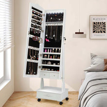 Load image into Gallery viewer, Standing Jewelry Armoire with Full-Length Mirror, Drawers, Lights &amp; Wheels, Lockable Mirror Jewelry Cabinet Storage Organizer