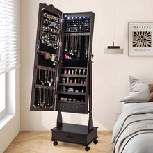 Load image into Gallery viewer, Standing Jewelry Armoire with Full-Length Mirror, Drawers, Lights &amp; Wheels, Lockable Mirror Jewelry Cabinet Storage Organizer