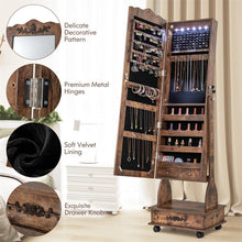 Load image into Gallery viewer, Standing Jewelry Armoire with Full-Length Mirror, Drawers, Lights &amp; Wheels, Lockable Mirror Jewelry Cabinet Storage Organizer