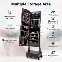 Load image into Gallery viewer, Standing Jewelry Armoire with Full-Length Mirror, Drawers, Lights &amp; Wheels, Lockable Mirror Jewelry Cabinet Storage Organizer