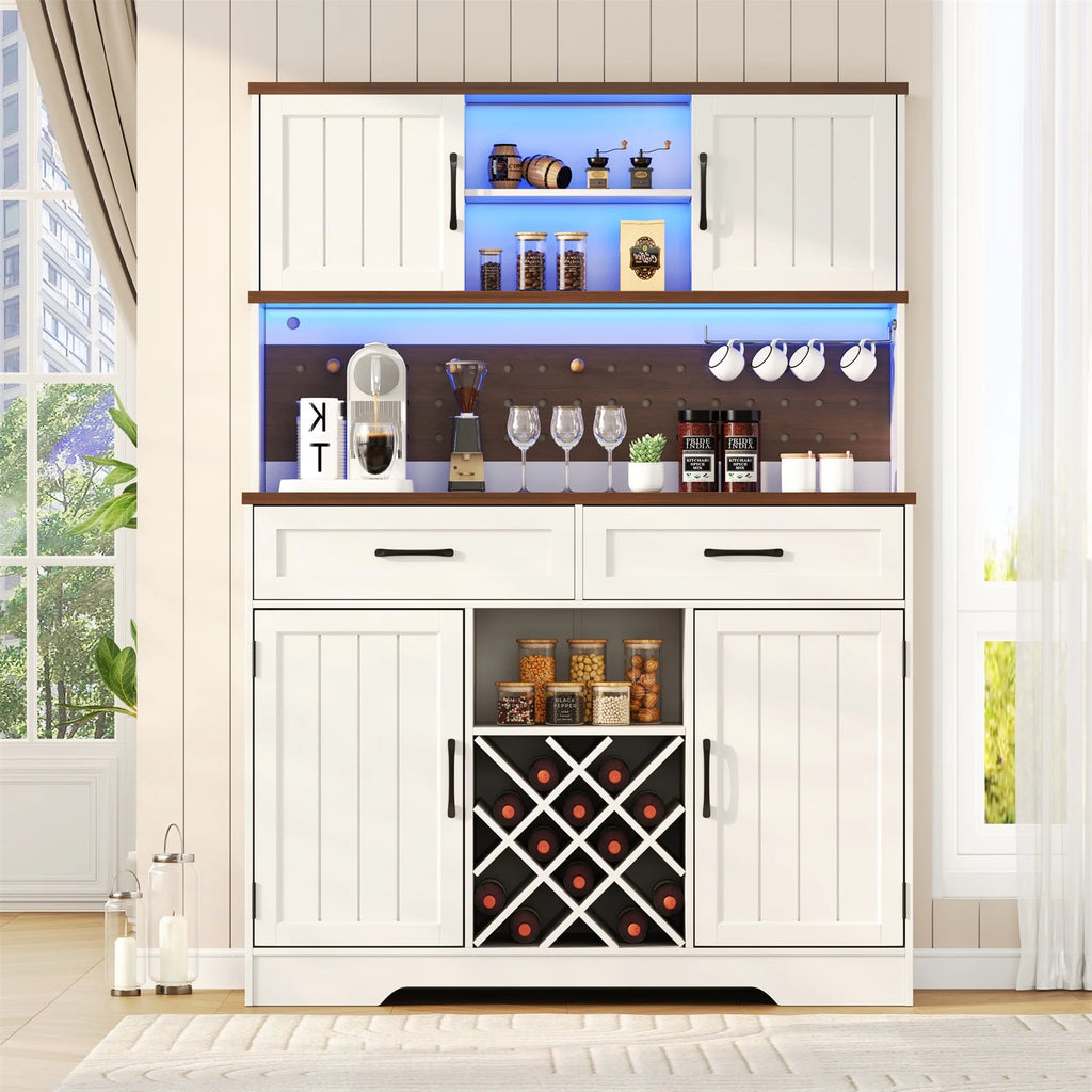 LAFGUR 72" Kitchen Storage Cabinet with Power Outlet & LED Light, Coffee Bar Cabinet with Drawers & Wine Glass Rack, Sideboard for Home, White