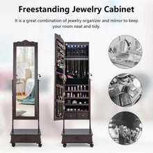 Load image into Gallery viewer, Standing Jewelry Armoire with Full-Length Mirror, Drawers, Lights &amp; Wheels, Lockable Mirror Jewelry Cabinet Storage Organizer