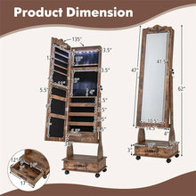 Load image into Gallery viewer, Standing Jewelry Armoire with Full-Length Mirror, Drawers, Lights &amp; Wheels, Lockable Mirror Jewelry Cabinet Storage Organizer
