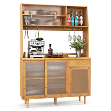 Load image into Gallery viewer, 69" Tall Bamboo Kitchen Pantry Hutch Cabinet, Freestanding Buffet Sideboard with Rattan Door, Wine Storage &amp; Microwave Countertop for Coffee Bar