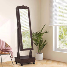Load image into Gallery viewer, Standing Jewelry Armoire with Full-Length Mirror, Drawers, Lights &amp; Wheels, Lockable Mirror Jewelry Cabinet Storage Organizer