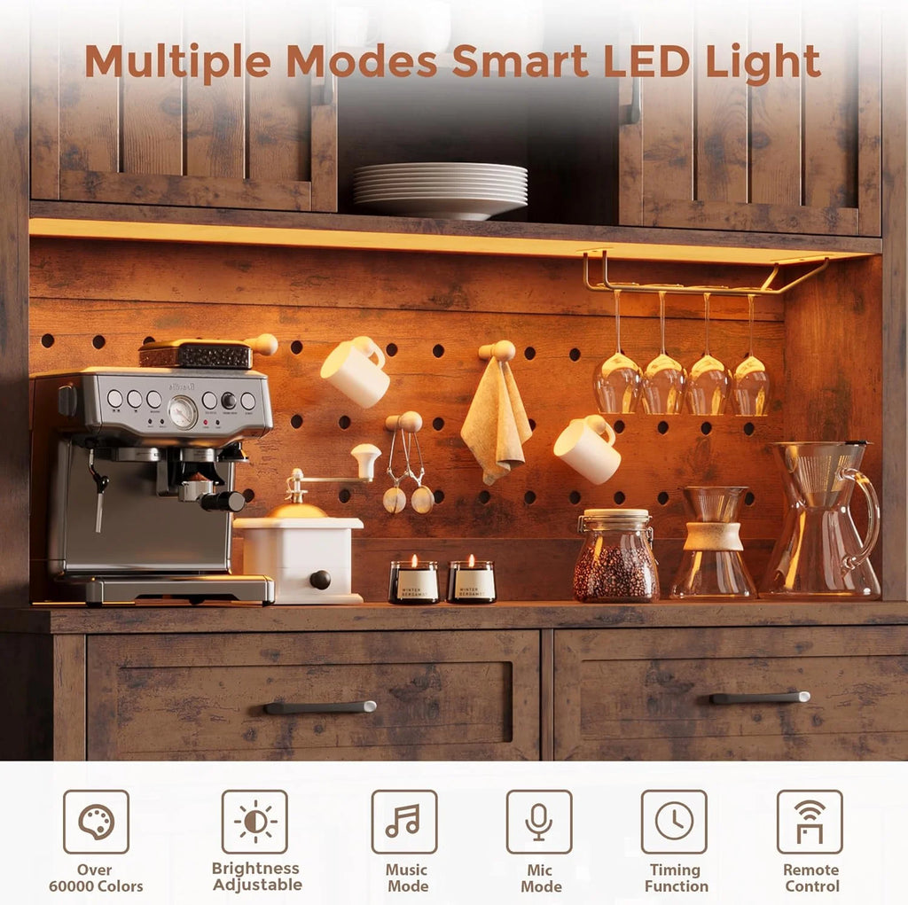 LAFGUR 72" Kitchen Storage Cabinet with Power Outlet & LED Light, Coffee Bar Cabinet with Drawers & Wine Glass Rack, Sideboard for Home, White