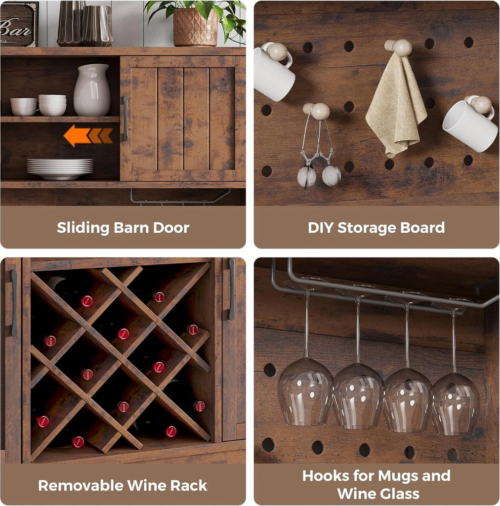 LAFGUR 72" Kitchen Storage Cabinet with Power Outlet & LED Light, Coffee Bar Cabinet with Drawers & Wine Glass Rack, Sideboard for Home, White