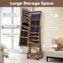 Load image into Gallery viewer, Standing Jewelry Armoire with Full-Length Mirror, Drawers, Lights &amp; Wheels, Lockable Mirror Jewelry Cabinet Storage Organizer