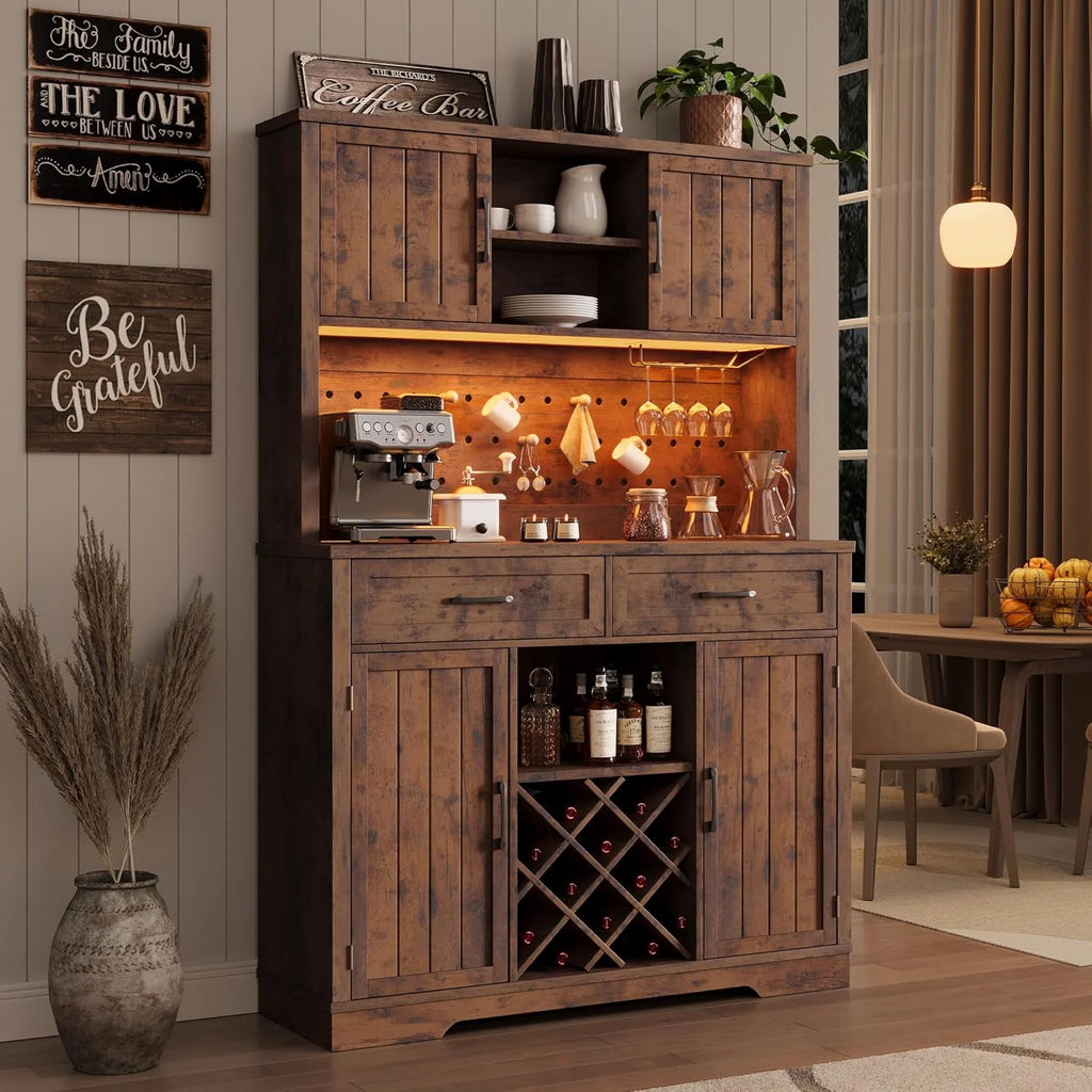 LAFGUR 72" Kitchen Storage Cabinet with Power Outlet & LED Light, Coffee Bar Cabinet with Drawers & Wine Glass Rack, Sideboard for Home, White