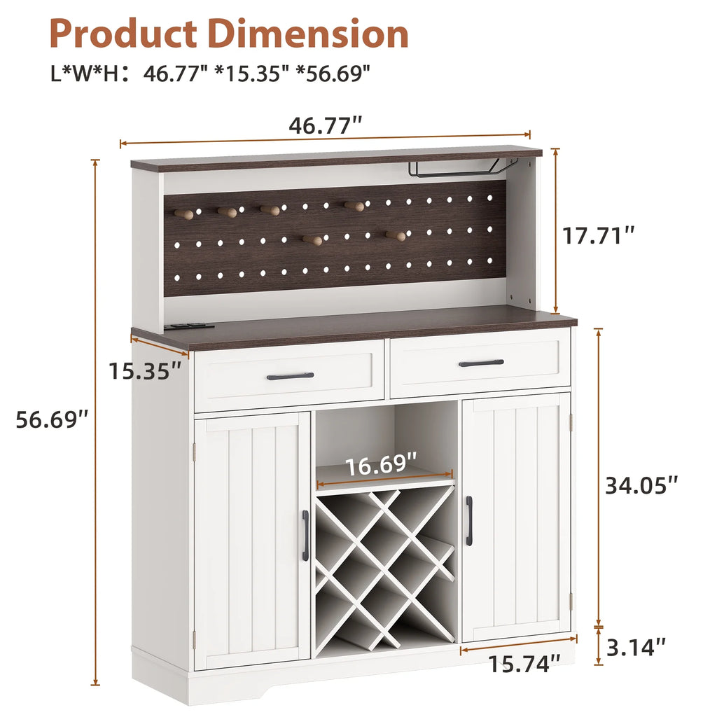 LAFGUR 72" Kitchen Storage Cabinet with Power Outlet & LED Light, Coffee Bar Cabinet with Drawers & Wine Glass Rack, Sideboard for Home, White